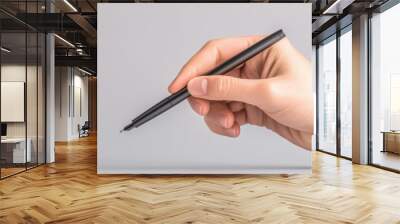 A close-up of a hand holding a black pen, ready to write on a smooth surface, highlighting creativity and expression. Wall mural