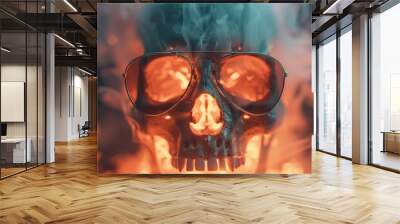 A fiery skull wearing sunglasses, surrounded by smoke and flames in a dark and moody setting, perfect for Halloween or horror themes. Wall mural