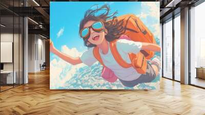 A joyful girl with sunglasses and a backpack enjoys a donut while flying through a bright blue sky, feeling carefree and adventurous. Wall mural