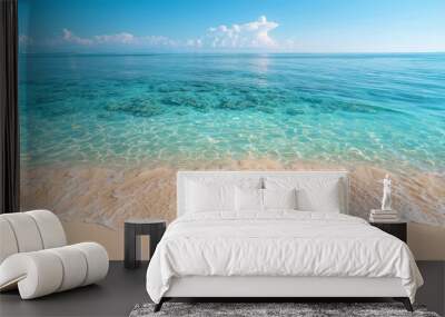 A serene beach with crystal clear turquoise waters, gentle waves, and soft sandy shore under a bright blue sky. Perfect tropical paradise. Wall mural