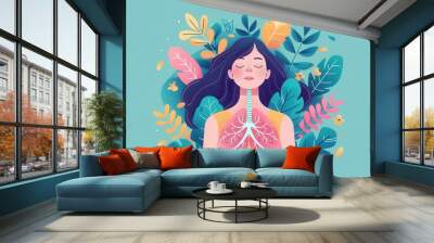 A serene illustration of a woman breathing deeply among vibrant plants, symbolizing health, tranquility, and connection to nature. Wall mural