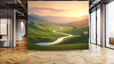 A serene landscape featuring rolling hills, a tranquil river, and a glowing sunset, perfect for nature lovers and peaceful retreats. Wall mural