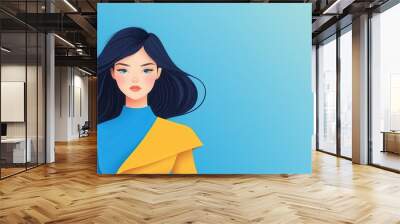 A stylish woman with flowing hair, dressed in a modern outfit, set against a vibrant blue background. Wall mural