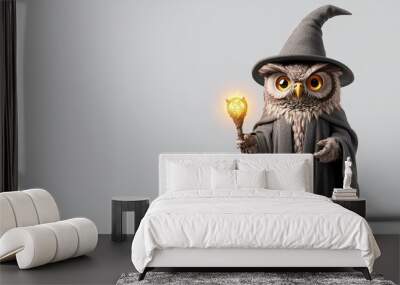 A whimsical owl wearing a wizard hat and cloak, holding a glowing staff Wall mural