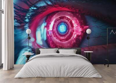 Close-up of a futuristic eye with a glowing red and blue design, showcasing technology and digital elements. Wall mural