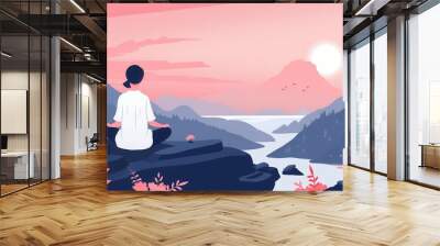 Person meditating on cliff overlooking serene mountainous landscape with river at sunset in tranquil illustration. Wall mural