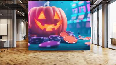 Spooky Halloween pumpkin with glowing face surrounded by colorful poker chips in a lively casino setting. Wall mural