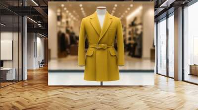 Stylish mustard yellow coat displayed on a mannequin in a modern retail store setting. Wall mural