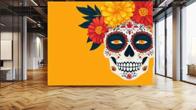 Vibrant sugar skull design adorned with colorful flowers on a bright orange background, celebrating Day of the Dead traditions. Wall mural