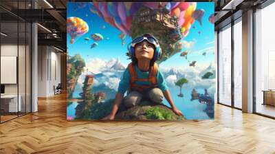 A Kid with VR glasses in some fantastic imaginative gaming world. Ai generated. Wall mural