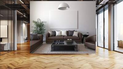 Brown leather furniture with cushions, a table, a house plant, a chandelier and a blank canvas on the wall. Wall mural