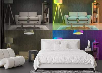 Four different color lights set up in the living room - 3D render Wall mural