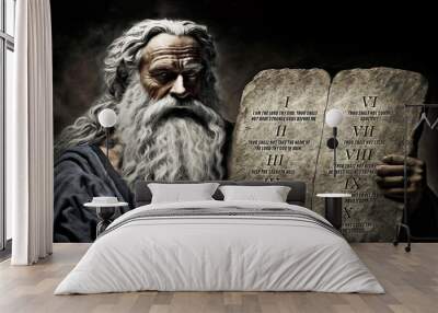 Moses holds stone tablets with the Ten Commandments. Ai generated illustration. Wall mural