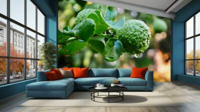 Fresh bergamot fruits on the tree. Can be used for cooking.Bergamot with water droplets  Wall mural