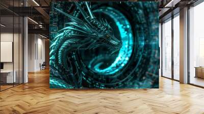 3D render of a cyber dragon guarding the gateway to a digital fortress symbolizing the protection of sensitive data Wall mural