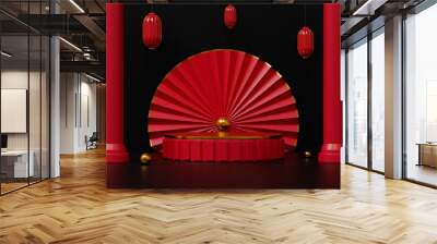 3d rendering Chinese New Year empty cylinder podium with two red pillars and decoration lanterns. Wall mural