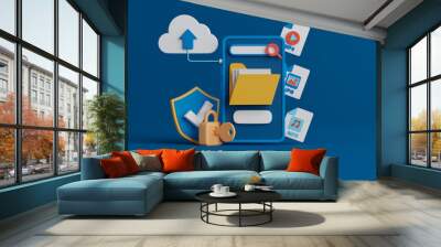 3d rendering concept file management application with security system on smartphone on blue background. Wall mural