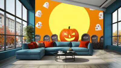 3d rendering Halloween day scene illustration. Jack O Lantern in graveyard with ghost. Wall mural