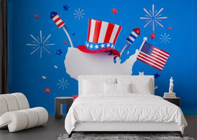 3d rendering USA independence day illustration. United States of America map on podium with firework, hat and national flag. Wall mural