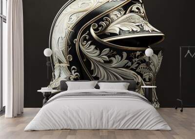 A black and gold ornate knight's helmet with white engravings. Wall mural