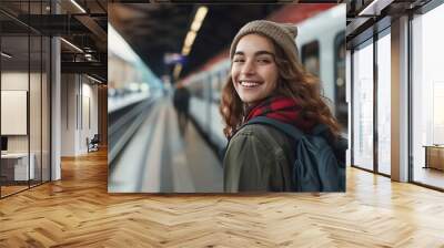 A happy young woman in winter attire standing on a train platform. Travel and tourism concept. Wall mural