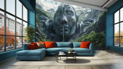 A massive stone head with waterfalls flowing from its eyes nestled in a serene mountain pass. Wall mural