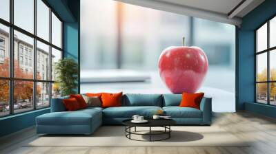 A vibrant red apple amidst a modern office workspace with financial charts, symbolizing innovation and a fresh approach to business success Wall mural