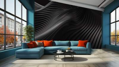 Abstract black wave lines creating a sleek, modern texture pattern on a dark background. Ideal for backgrounds, tech designs, and digital art. Wall mural