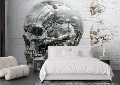 An early design sketch of a skull encased in a metallic alloy for durability Wall mural