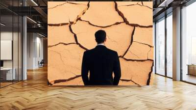 Businessman stand against a cracked, arid landscape, resilience amidst challenges Wall mural