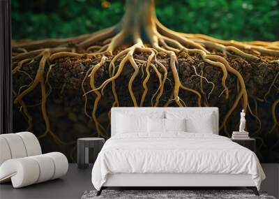 Close-up of tree roots spreading through soil, showcasing nature's intricate underground network essential for growth and stability. Wall mural