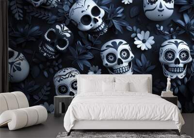 Decorative sugar skulls with floral patterns on a dark background, symbolizing Dia de los Muertos celebrations. Wall mural