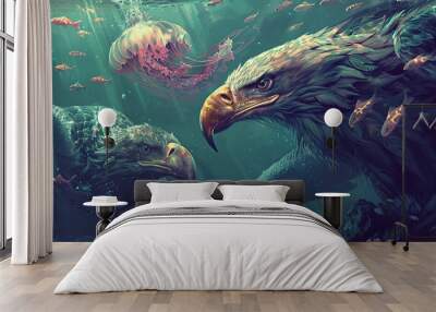 Eagles swim with jellyfish in a surreal underwater tableau. Wall mural