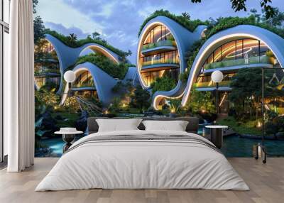 Eco friendly architecture nestled within giant luminescent arches showcasing sustainable living in a futuristic society Wall mural