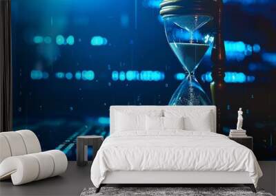 Time concept with hourglass and digital data stream, symbolizing time management in digital age. Wall mural