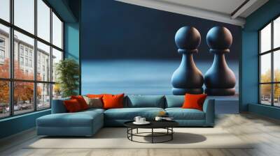 Two black pawns stand together, symbolizing strategy, teamwork, and competition in a vibrant chess setting. Wall mural