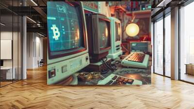 Vintage computer monitors displaying Bitcoin graphics, evoking retro tech and cryptocurrency. Wall mural