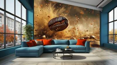 A coffee bean is floating in a splash of brown liquid. Concept of motion and energy, as if the coffee bean is being propelled by the force of the splash Wall mural