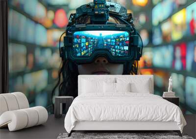 A woman wearing a virtual reality headset is looking at a screen with many images. Scene is futuristic and technological Wall mural