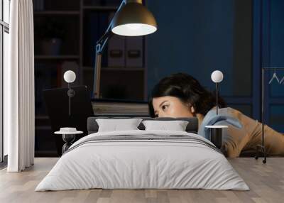 asian business woman sleepy working overtime late night Wall mural