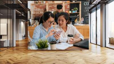 Two positive colleagues talking about work using laptop and mobile phone in modern cafe. successful lady business partner meeting in coffeehouse and holding paper coffee cup. man bartender in counter Wall mural