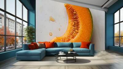 Fresh and juicy melon slices with two halves shown, showcasing the slightly watery texture and vibrant appeal in food advertising photography. Wall mural