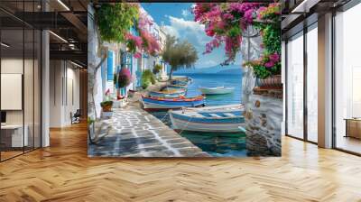 Greek harbor with whitewashed buildings, colorful fishing boats moored by the pier, clear blue waters reflecting the vibrant scene Wall mural