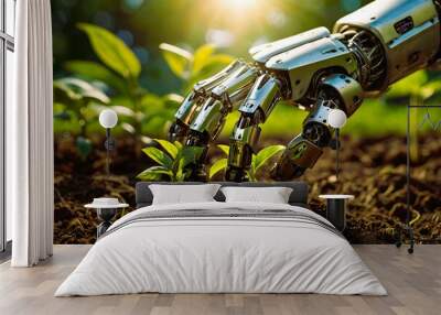 Robot's metallic hand planting plant Wall mural