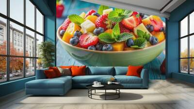 A close-up shot of a colorful fruit salad bowl with fresh ingredients , Healthy, delicious, nutritious, food, fruits, salad Wall mural