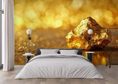 Close-up of a shiny gold nugget on a golden background, luxury, wealth, precious metal, investment, valuable, treasure Wall mural