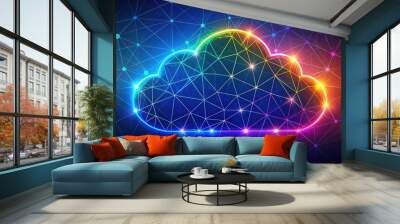 Colorful cloud outline with connected lines on a dark blue background, Cloud, colorful, outline, connected, lines, abstract Wall mural