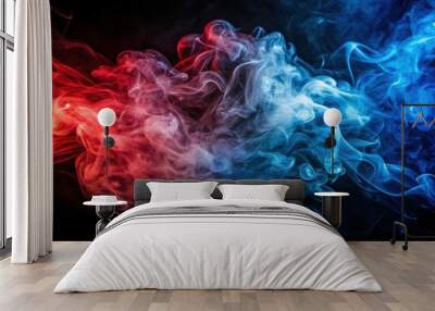 Colorful swirls of blue and red smoke creating a striking contrast against a dark background, colorful, swirls, blue, red Wall mural