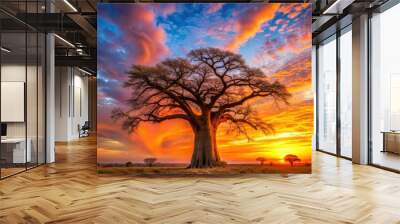 Majestic baobab tree silhouetted against a vibrant sunset sky, baobab, tree, silhouette, sunset, sky, nature, majestic Wall mural