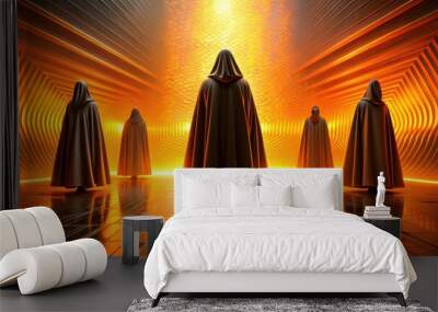 Mysterious cloaked figures surrounded by surreal orange and black abstract setting, mystery, cloak, figures, surreal, orange Wall mural